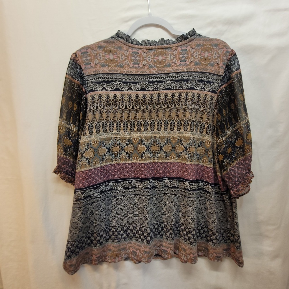 Lucky Brand Womens XL Mixed Border Print Boho Ruffle Tie Neck 3/4 Sleeve Blouse - Picture 8 of 11
